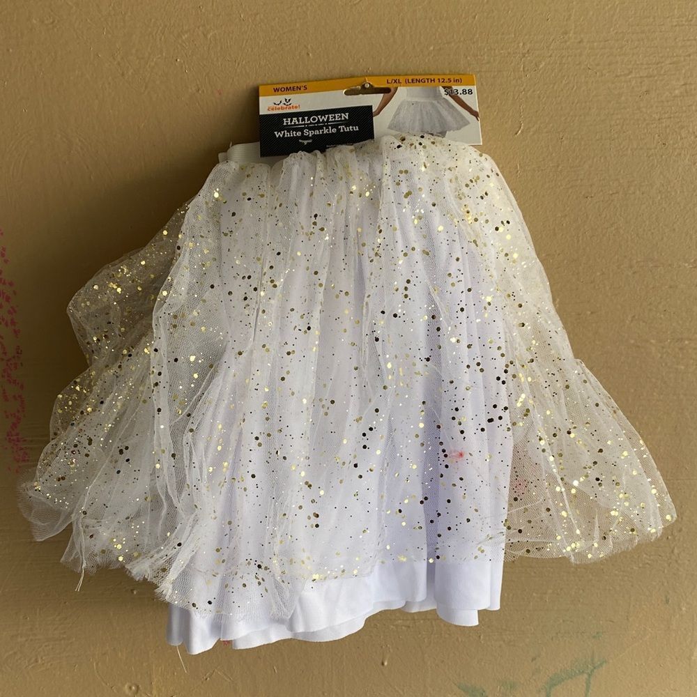 Girls White Gold Sparkle Tutu Skirt L/XL Halloween Costume Dress Up